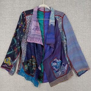 Mieko Mintz Kantha Silk Patchwork Jacket Womens Large Blue Purple Boho Artisan